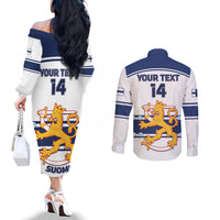 Custom Finland Hockey Couples Matching Off The Shoulder Long Sleeve Dress and Long Sleeve Button Shirt 2024 Go Suomi
