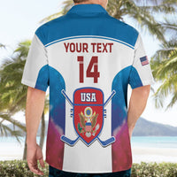 USA hockey Hawaiian shirt back with “YOUR TEXT 14” and USA crest, short sleeves