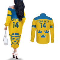 Custom Sweden Hockey Couples Matching Off The Shoulder Long Sleeve Dress and Long Sleeve Button Shirt 2024 Go Swedish