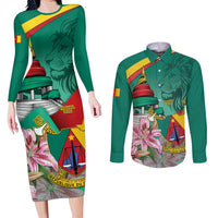 Cameroon National Day Couples Matching Long Sleeve Bodycon Dress and Long Sleeve Button Shirt Cameroun Reunification Monument Lily Flowers