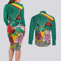 Cameroon National Day Couples Matching Long Sleeve Bodycon Dress and Long Sleeve Button Shirt Cameroun Reunification Monument Lily Flowers