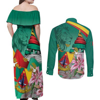 Cameroon National Day Couples Matching Off Shoulder Maxi Dress and Long Sleeve Button Shirt Cameroun Reunification Monument Lily Flowers
