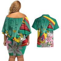 Cameroon National Day Couples Matching Off Shoulder Short Dress and Hawaiian Shirt Cameroun Reunification Monument Lily Flowers