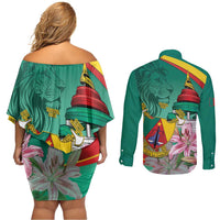 Cameroon National Day Couples Matching Off Shoulder Short Dress and Long Sleeve Button Shirt Cameroun Reunification Monument Lily Flowers