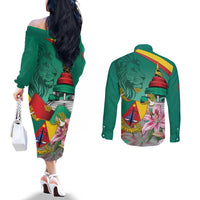 Cameroon National Day Couples Matching Off The Shoulder Long Sleeve Dress and Long Sleeve Button Shirt Cameroun Reunification Monument Lily Flowers