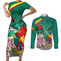 Cameroon National Day Couples Matching Short Sleeve Bodycon Dress and Long Sleeve Button Shirt Cameroun Reunification Monument Lily Flowers