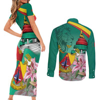 Cameroon National Day Couples Matching Short Sleeve Bodycon Dress and Long Sleeve Button Shirt Cameroun Reunification Monument Lily Flowers