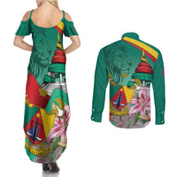 Cameroon National Day Couples Matching Summer Maxi Dress and Long Sleeve Button Shirt Cameroun Reunification Monument Lily Flowers