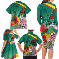Cameroon National Day Family Matching Long Sleeve Bodycon Dress and Hawaiian Shirt Cameroun Reunification Monument Lily Flowers