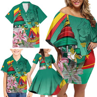 Cameroon National Day Family Matching Off Shoulder Short Dress and Hawaiian Shirt Cameroun Reunification Monument Lily Flowers