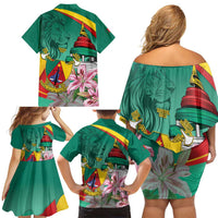 Cameroon National Day Family Matching Off Shoulder Short Dress and Hawaiian Shirt Cameroun Reunification Monument Lily Flowers