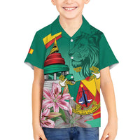 Cameroon National Day Family Matching Off Shoulder Short Dress and Hawaiian Shirt Cameroun Reunification Monument Lily Flowers