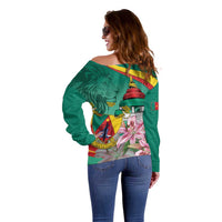 Cameroon National Day Off Shoulder Sweater Cameroun Reunification Monument Lily Flowers
