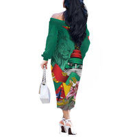 Cameroon National Day Off The Shoulder Long Sleeve Dress Cameroun Reunification Monument Lily Flowers