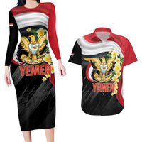 Yemen Unification Day Couples Matching Long Sleeve Bodycon Dress and Hawaiian Shirt Coat Of Arms With Frangipani