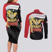 Yemen Unification Day Couples Matching Long Sleeve Bodycon Dress and Long Sleeve Button Shirt Coat Of Arms With Frangipani