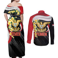 Yemen Unification Day Couples Matching Off Shoulder Maxi Dress and Long Sleeve Button Shirt Coat Of Arms With Frangipani