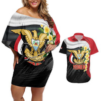 Yemen Unification Day Couples Matching Off Shoulder Short Dress and Hawaiian Shirt Coat Of Arms With Frangipani