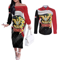 Yemen Unification Day Couples Matching Off The Shoulder Long Sleeve Dress and Long Sleeve Button Shirt Coat Of Arms With Frangipani