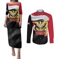 Yemen Unification Day Couples Matching Puletasi and Long Sleeve Button Shirt Coat Of Arms With Frangipani