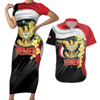 Yemen Unification Day Couples Matching Short Sleeve Bodycon Dress and Hawaiian Shirt Coat Of Arms With Frangipani