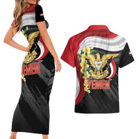 Yemen Unification Day Couples Matching Short Sleeve Bodycon Dress and Hawaiian Shirt Coat Of Arms With Frangipani