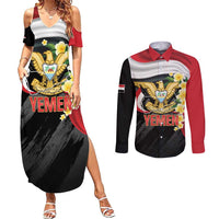 Yemen Unification Day Couples Matching Summer Maxi Dress and Long Sleeve Button Shirt Coat Of Arms With Frangipani