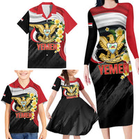 Yemen Unification Day Family Matching Long Sleeve Bodycon Dress and Hawaiian Shirt Coat Of Arms With Frangipani