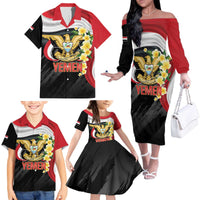 Yemen Unification Day Family Matching Off The Shoulder Long Sleeve Dress and Hawaiian Shirt Coat Of Arms With Frangipani