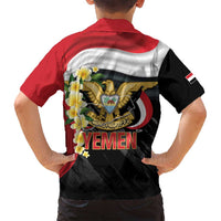 Yemen Unification Day Family Matching Off Shoulder Maxi Dress and Hawaiian Shirt Coat Of Arms With Frangipani