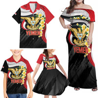 Yemen Unification Day Family Matching Off Shoulder Maxi Dress and Hawaiian Shirt Coat Of Arms With Frangipani