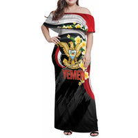 Yemen Unification Day Family Matching Off Shoulder Maxi Dress and Hawaiian Shirt Coat Of Arms With Frangipani