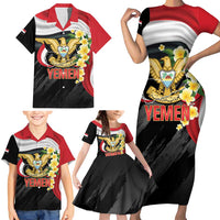 Yemen Unification Day Family Matching Short Sleeve Bodycon Dress and Hawaiian Shirt Coat Of Arms With Frangipani