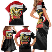 Yemen Unification Day Family Matching Short Sleeve Bodycon Dress and Hawaiian Shirt Coat Of Arms With Frangipani