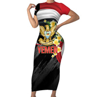 Yemen Unification Day Family Matching Short Sleeve Bodycon Dress and Hawaiian Shirt Coat Of Arms With Frangipani