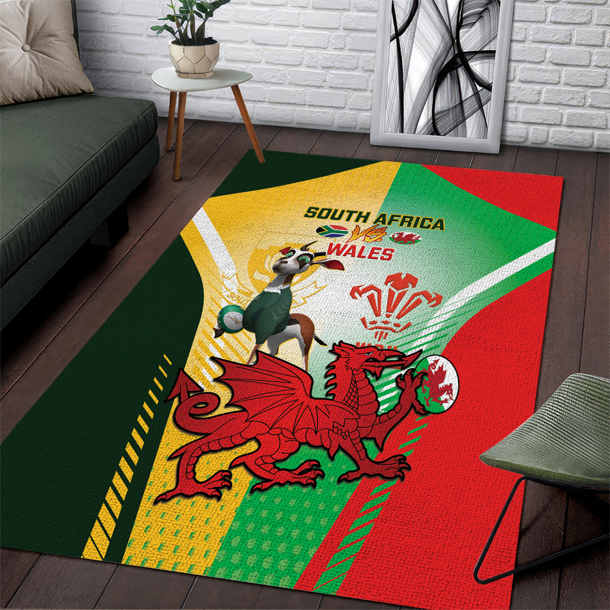 South Africa And Wales Rugby Area Rug 2024 Springboks Dragons Mascots Together