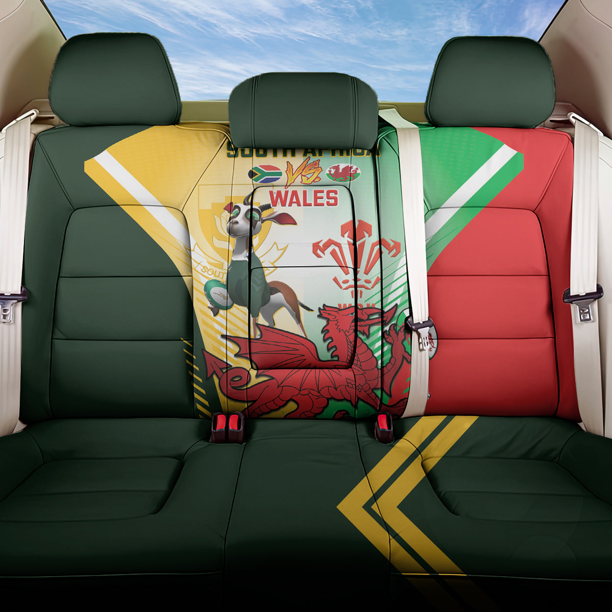 South Africa And Wales Rugby Back Car Seat Cover 2024 Springboks Dragons Mascots Together