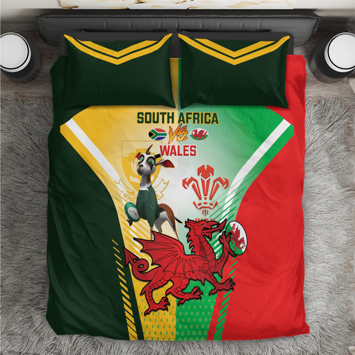 South Africa And Wales Rugby Bedding Set 2024 Springboks Dragons Mascots Together