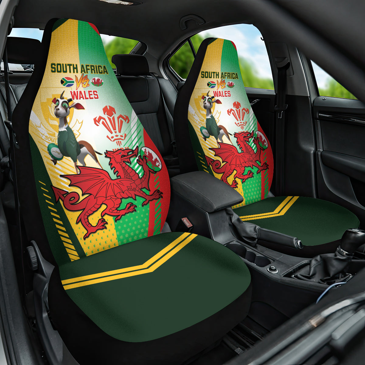 South Africa And Wales Rugby Car Seat Cover 2024 Springboks Dragons Mascots Together