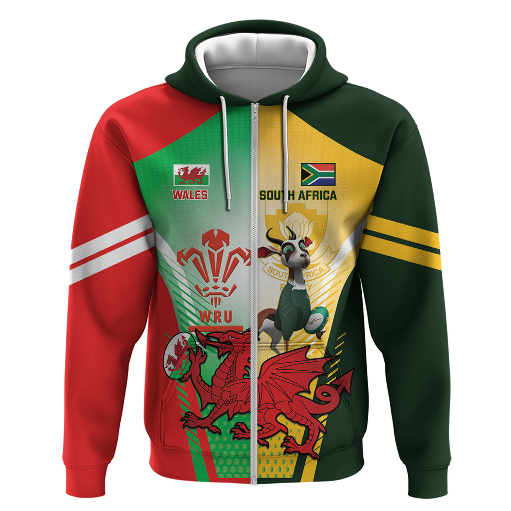 South Africa And Wales Rugby Zip Hoodie 2024 Springboks Dragons Mascots Together