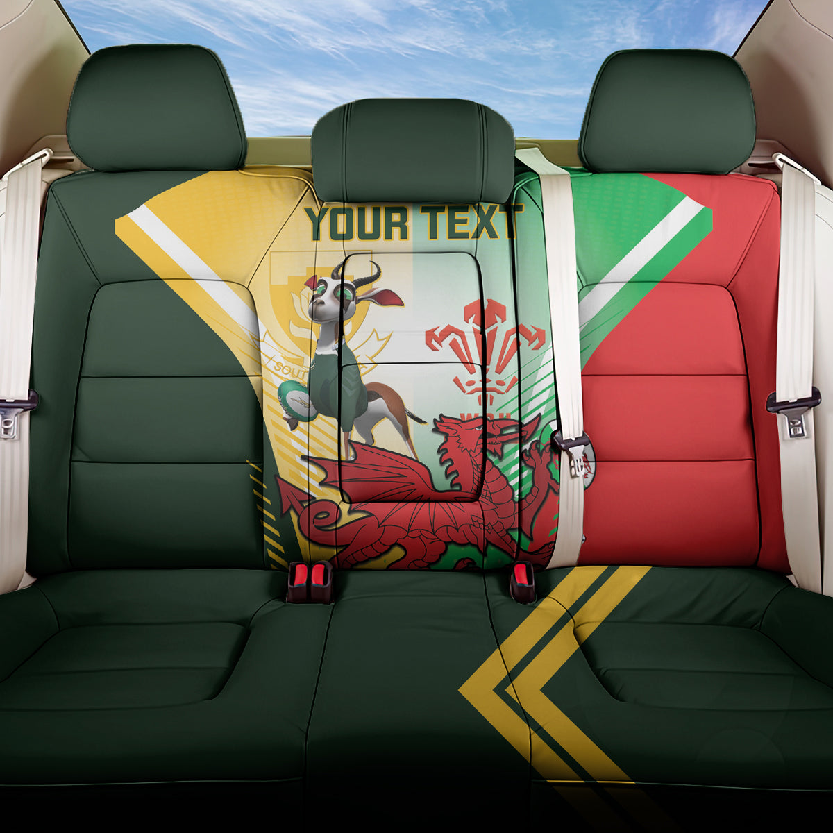 Custom South Africa And Wales Rugby Back Car Seat Cover 2024 Springboks Dragons Mascots Together