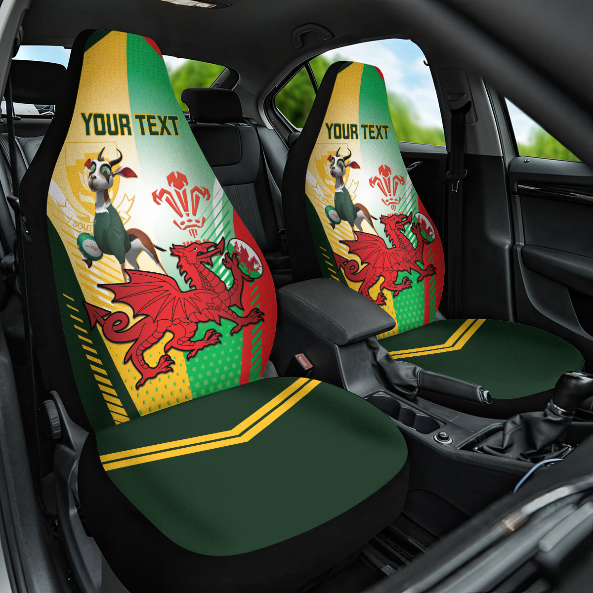 Custom South Africa And Wales Rugby Car Seat Cover 2024 Springboks Dragons Mascots Together