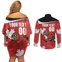 Canada Rugby Custom Couples Matching Off Shoulder Short Dress and Long Sleeve Button Shirt Beaver Mascot Go Canadian