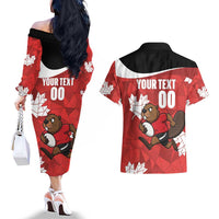 Canada Rugby Custom Couples Matching Off The Shoulder Long Sleeve Dress and Hawaiian Shirt Beaver Mascot Go Canadian