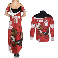 Canada Rugby Custom Couples Matching Summer Maxi Dress and Long Sleeve Button Shirt Beaver Mascot Go Canadian