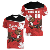 Canada Rugby Custom Women V-Neck T-Shirt Beaver Mascot Go Canadian