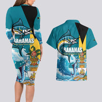 The Bahamas Independence Day Couples Matching Long Sleeve Bodycon Dress and Hawaiian Shirt Bahamian Blue Marlin National Color
