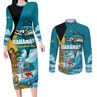 The Bahamas Independence Day Couples Matching Long Sleeve Bodycon Dress and Long Sleeve Button Shirt Bahamian Blue Marlin National Color