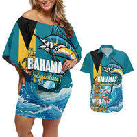 The Bahamas Independence Day Couples Matching Off Shoulder Short Dress and Hawaiian Shirt Bahamian Blue Marlin National Color