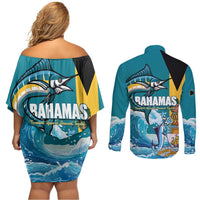 The Bahamas Independence Day Couples Matching Off Shoulder Short Dress and Long Sleeve Button Shirt Bahamian Blue Marlin National Color